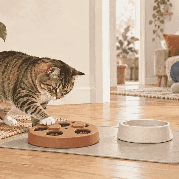A tabby cat nudges an easy food puzzle on a clear mat while a caregiver watches from a short distance.