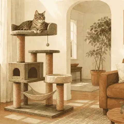 A tabby cat rests on the broad upper perch of a sturdy cat tree beside a sunlit living-room window.