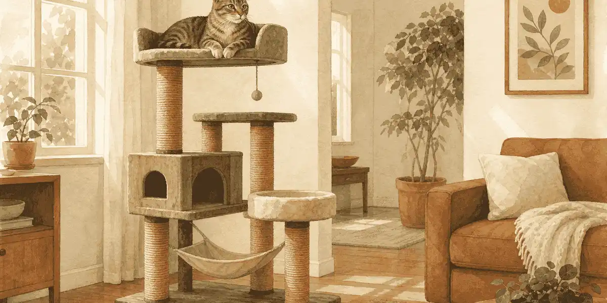 A tabby cat rests on the broad upper perch of a sturdy cat tree beside a sunlit living-room window.