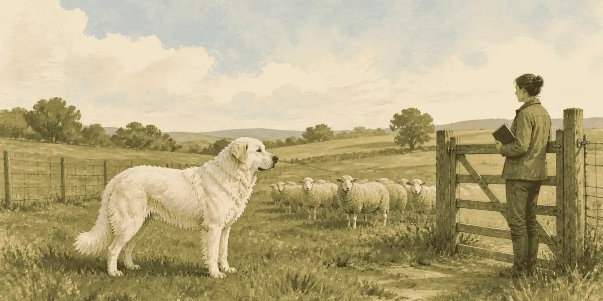 A large white guardian-type dog stands near sheep in a fenced pasture as a caregiver reviews a notebook by the gate.