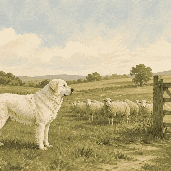 A large white guardian-type dog stands near sheep in a fenced pasture as a caregiver reviews a notebook by the gate.