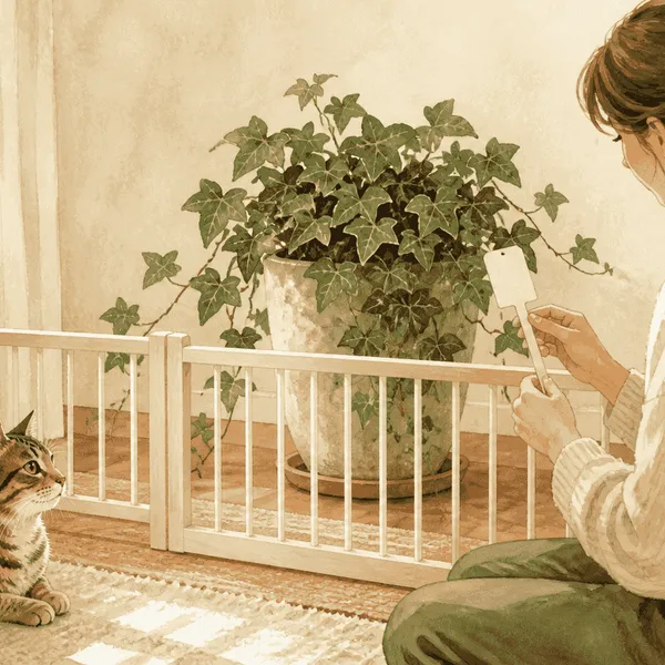 A tabby cat stays behind a low gate while a caregiver checks the label on an English ivy plant.