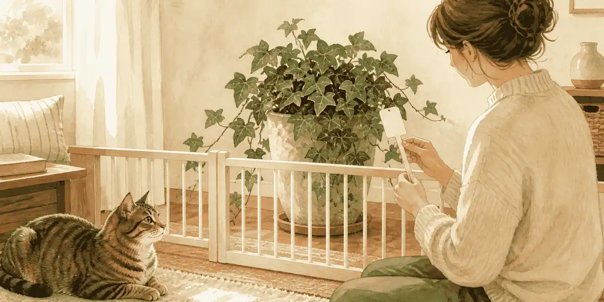 A tabby cat stays behind a low gate while a caregiver checks the label on an English ivy plant.