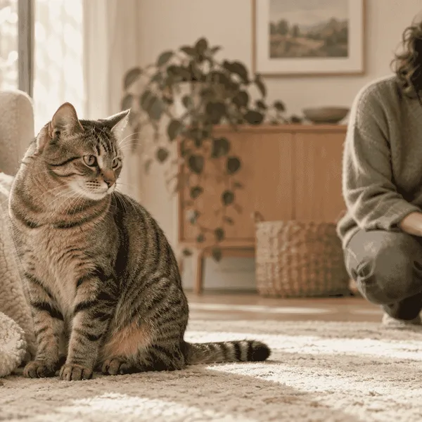 A tabby cat pauses beside a familiar blanket while a caregiver records a grooming observation.