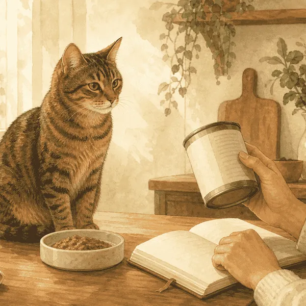 An adult tabby cat waits beside a measured portion of unbranded wet food while a caregiver reviews a food label and notebook.