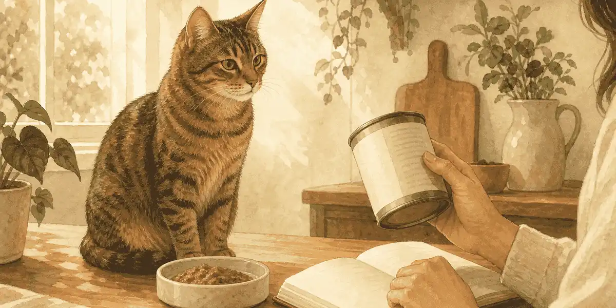 An adult tabby cat waits beside a measured portion of unbranded wet food while a caregiver reviews a food label and notebook.