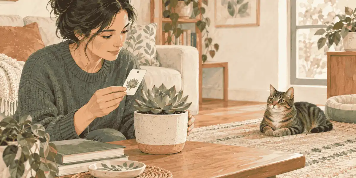 A caregiver checks a potted succulent label while a cat watches from a clear distance in a calm home.