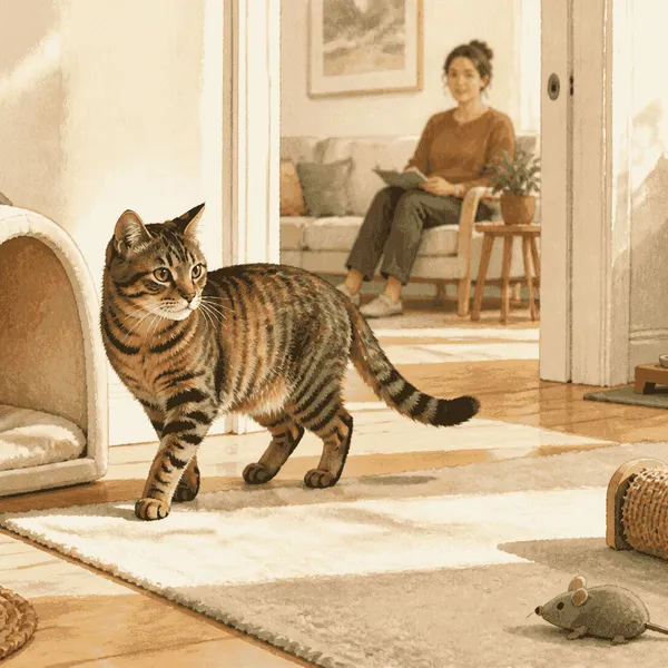 A tabby cat chooses a quiet retreat while a caregiver reviews a simple absence timeline at home.