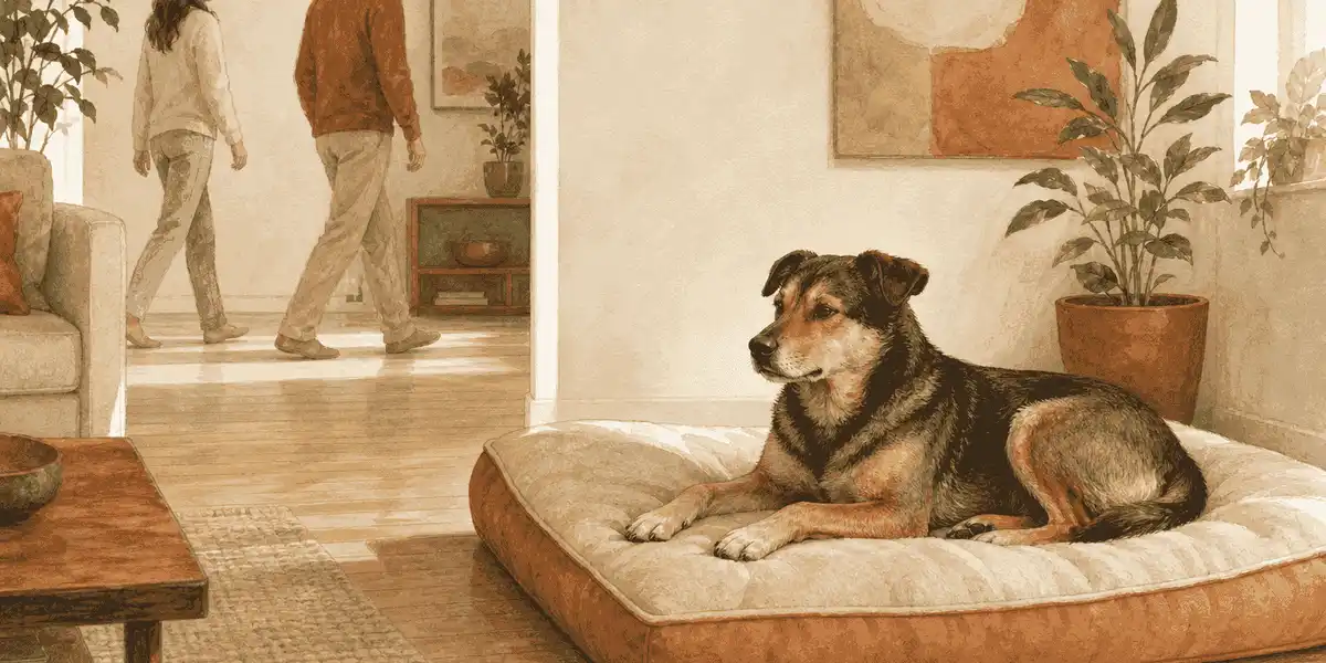 A calm mixed-breed dog rests on a cream and terracotta bed while two people walk past at a respectful distance.