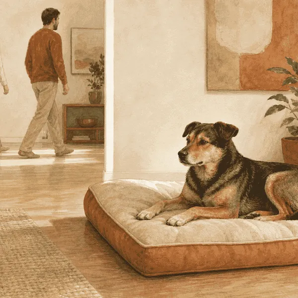 A calm mixed-breed dog rests on a cream and terracotta bed while two people walk past at a respectful distance.