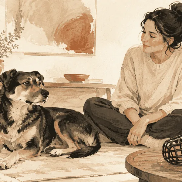 A relaxed mixed-breed dog watches an unbranded muzzle beside a seated caregiver in a bright, quiet room.