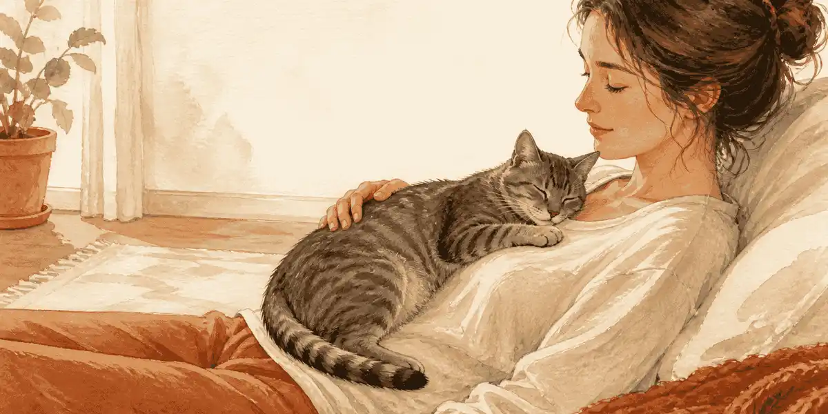 A gray tabby cat rests on a caregiver's chest while the caregiver keeps one hand still and an open route remains nearby.