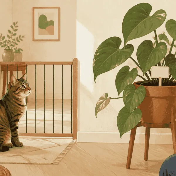 A tabby cat watches from behind a low gate while a caregiver photographs the label on a potted philodendron.