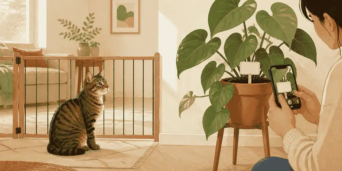 A tabby cat watches from behind a low gate while a caregiver photographs the label on a potted philodendron.