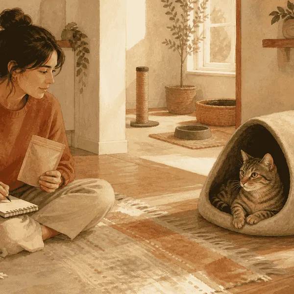 A tabby cat chooses an open retreat while a caregiver checks an unbranded treat label and writes a short observation note.