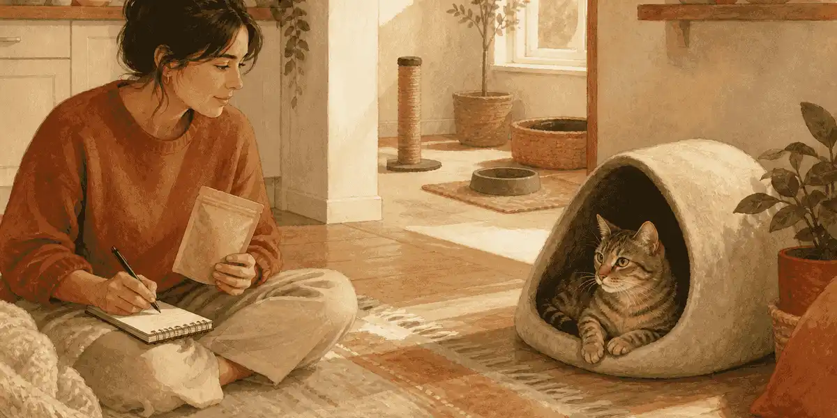 A tabby cat chooses an open retreat while a caregiver checks an unbranded treat label and writes a short observation note.