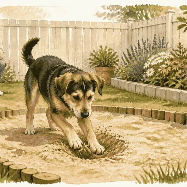 A young mixed-breed dog paws at a clean sand area while a caregiver keeps a garden fence and flower bed behind a low barrier.