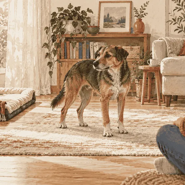 A newly adopted mixed-breed dog pauses beside a seated caregiver in a calm living room with an open resting nook.