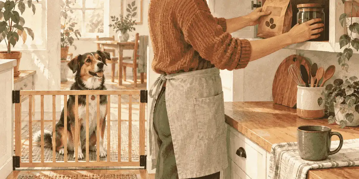 A caregiver places a labeled coffee bag in a closed cupboard while a dog waits behind a low kitchen gate.