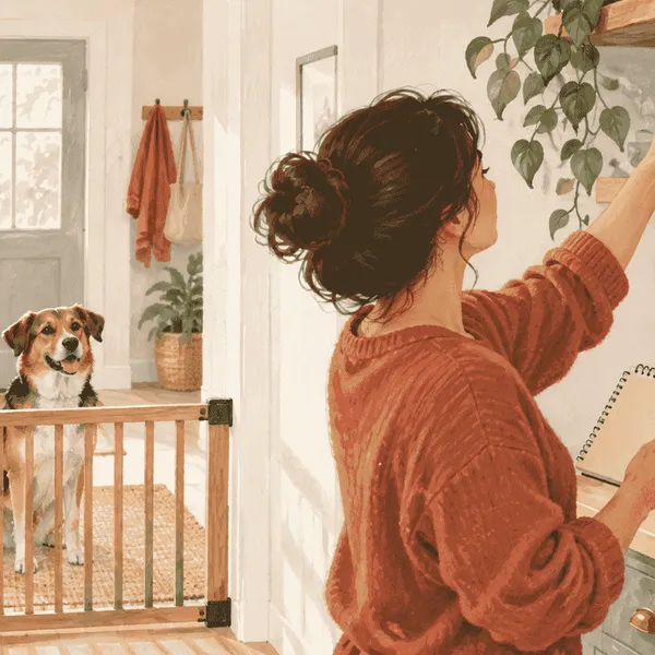 A caregiver checks a plain baking-soda container on a high shelf while a calm dog waits behind a low indoor gate.