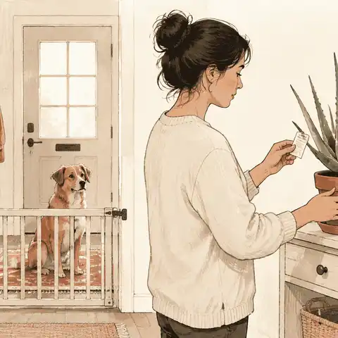 A dog waits behind a low gate while a caregiver checks the label on a potted aloe plant in a warm, uncluttered room.