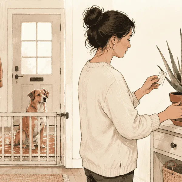 A dog waits behind a low gate while a caregiver checks the label on a potted aloe plant in a warm, uncluttered room.