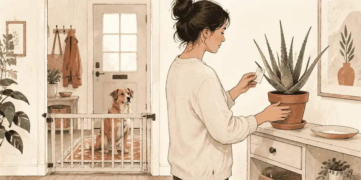 A dog waits behind a low gate while a caregiver checks the label on a potted aloe plant in a warm, uncluttered room.