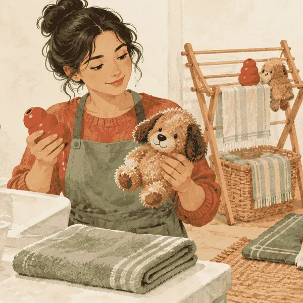 A caregiver sorts a rubber chew toy and a washable plush dog toy beside a sink while a mixed-breed dog waits on a mat.
