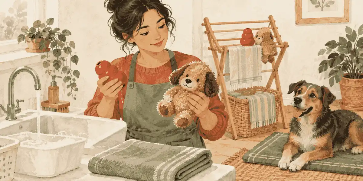 A caregiver sorts a rubber chew toy and a washable plush dog toy beside a sink while a mixed-breed dog waits on a mat.