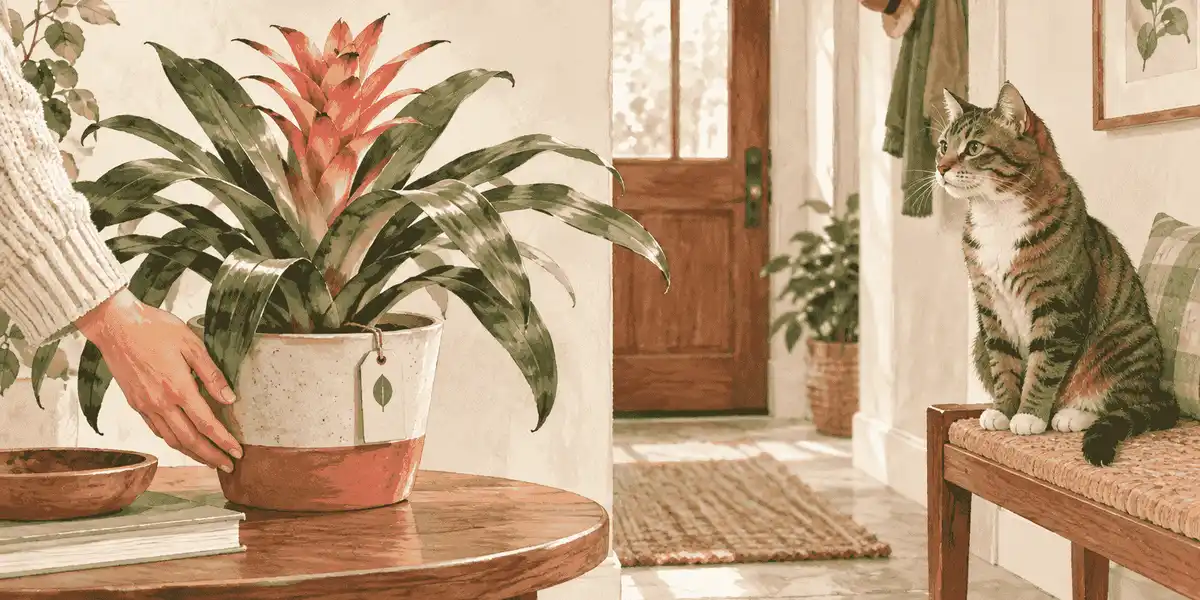 A tabby cat watches from a safe perch while a caregiver checks the label on a potted bromeliad.