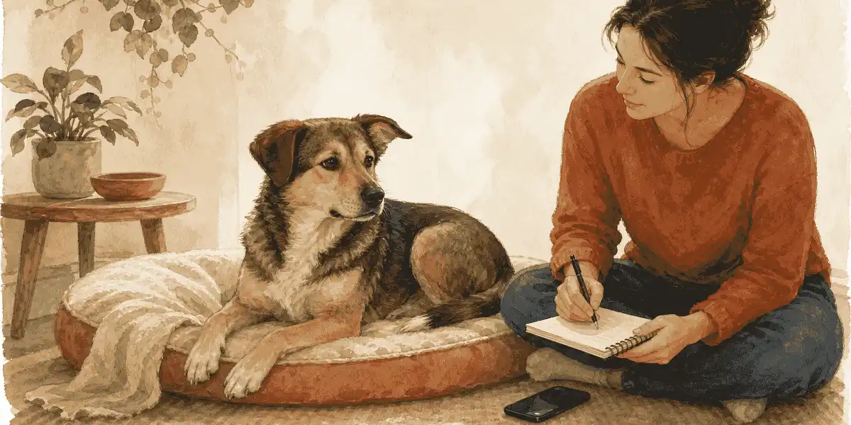 A calm dog resting beside a caregiver who is noting ear changes before calling a veterinary clinic.