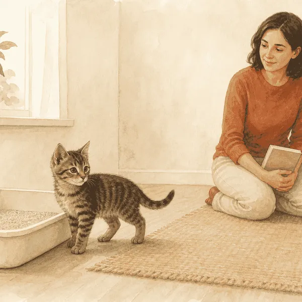 A small tabby kitten stands beside a clean open litter box while a caregiver watches calmly from a short distance.