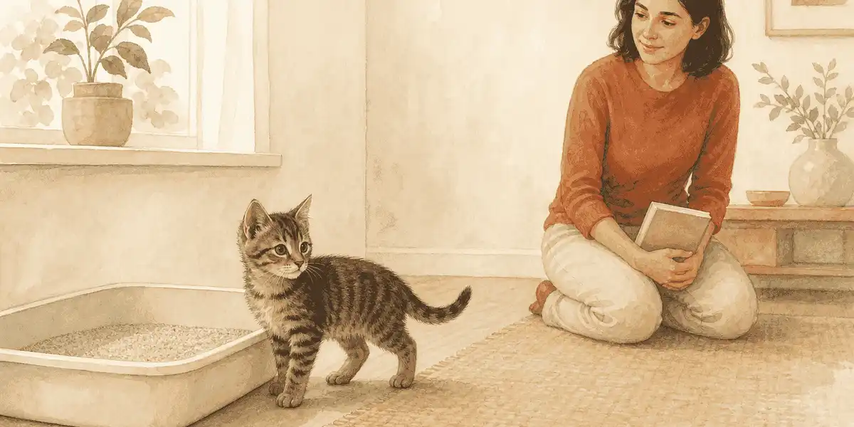 A small tabby kitten stands beside a clean open litter box while a caregiver watches calmly from a short distance.