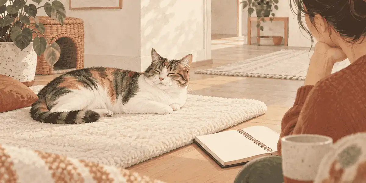 A relaxed female cat rests beside a caregiver's notebook while the caregiver observes from a respectful distance.