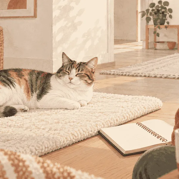 A relaxed female cat rests beside a caregiver's notebook while the caregiver observes from a respectful distance.