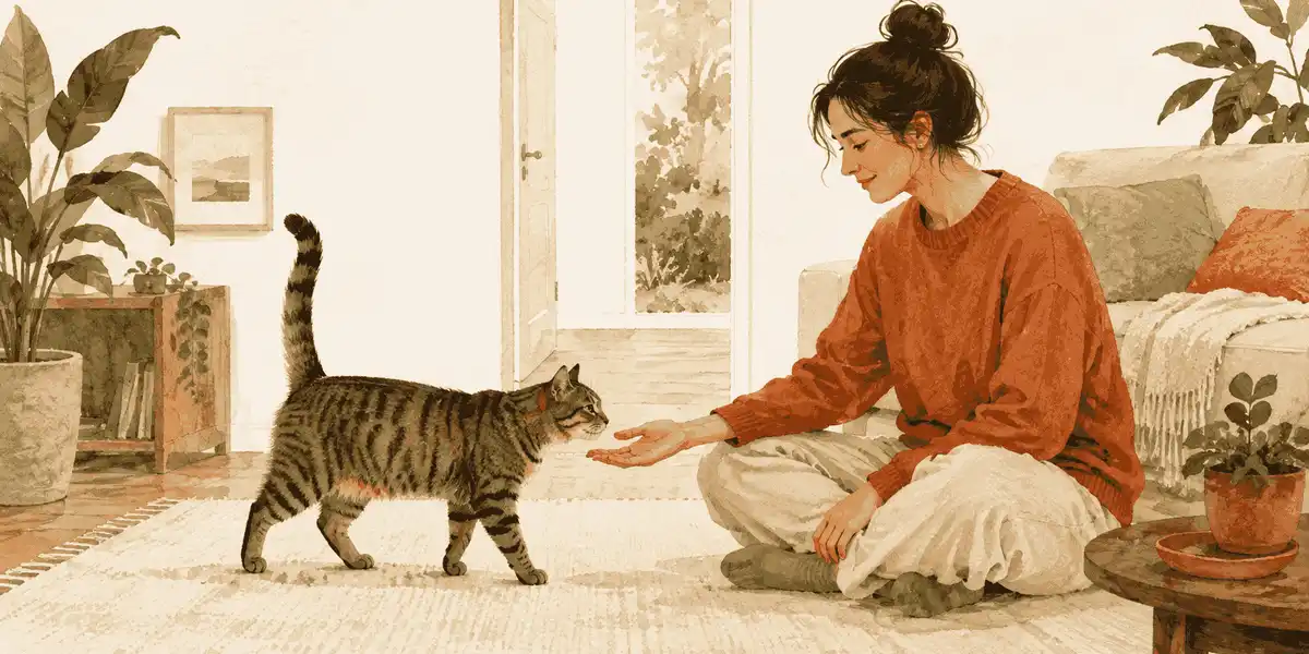 A tabby cat approaches a seated caregiver's still hand beside an open doorway in a warm, quiet room.