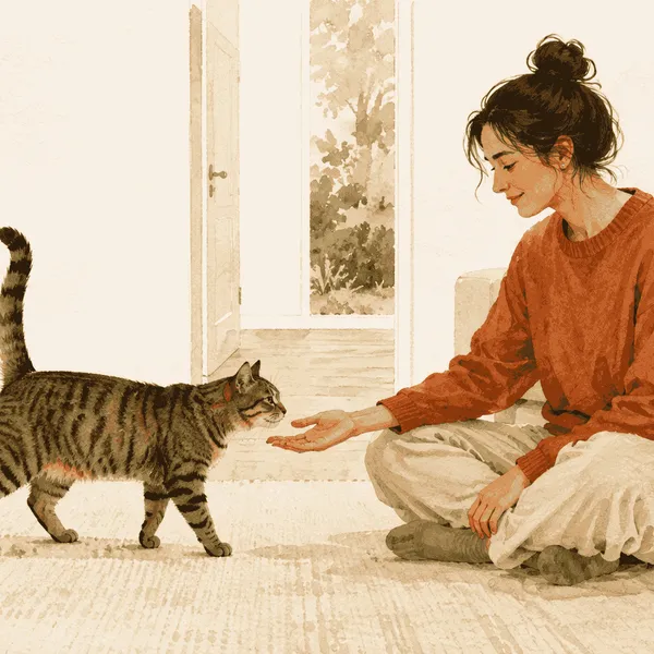 A tabby cat approaches a seated caregiver's still hand beside an open doorway in a warm, quiet room.