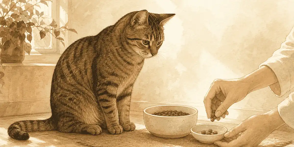 A brown tabby cat watches a caregiver portion a few treats into a small dish beside the cat's main food bowl.