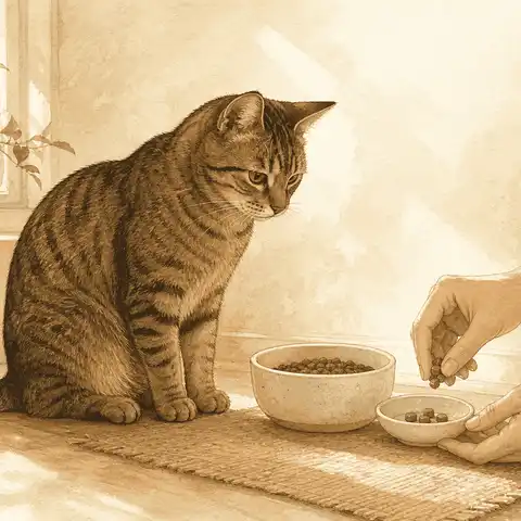 A brown tabby cat watches a caregiver portion a few treats into a small dish beside the cat's main food bowl.