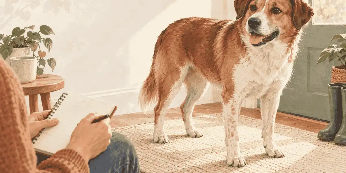 A calm brown dog stands beside a caregiver's notebook while a small furred skin area is left untouched for a veterinary call.