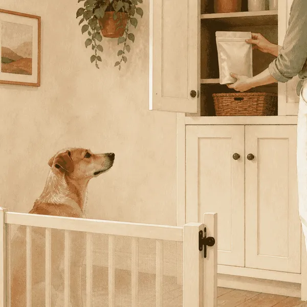 A tan dog waits behind a kitchen gate while a caregiver places an unbranded treat pouch on a high shelf.