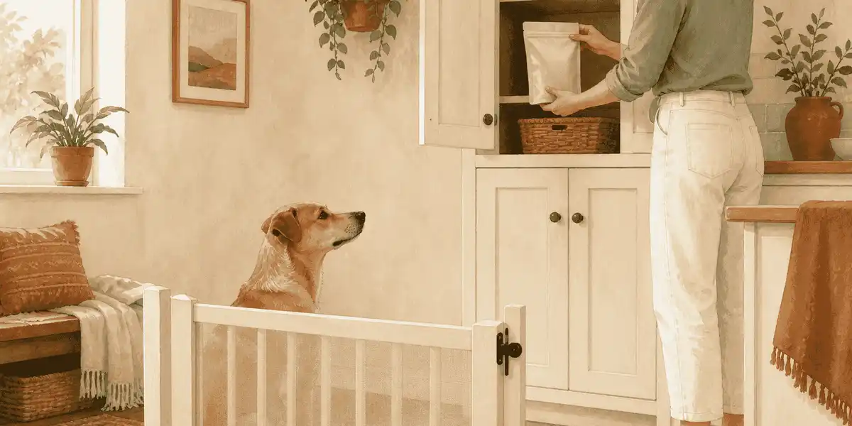 A tan dog waits behind a kitchen gate while a caregiver places an unbranded treat pouch on a high shelf.