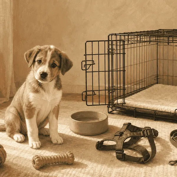 Young brown-and-white puppy beside an open crate, ceramic bowl, harness, leash, and two unbranded toys in a calm home.