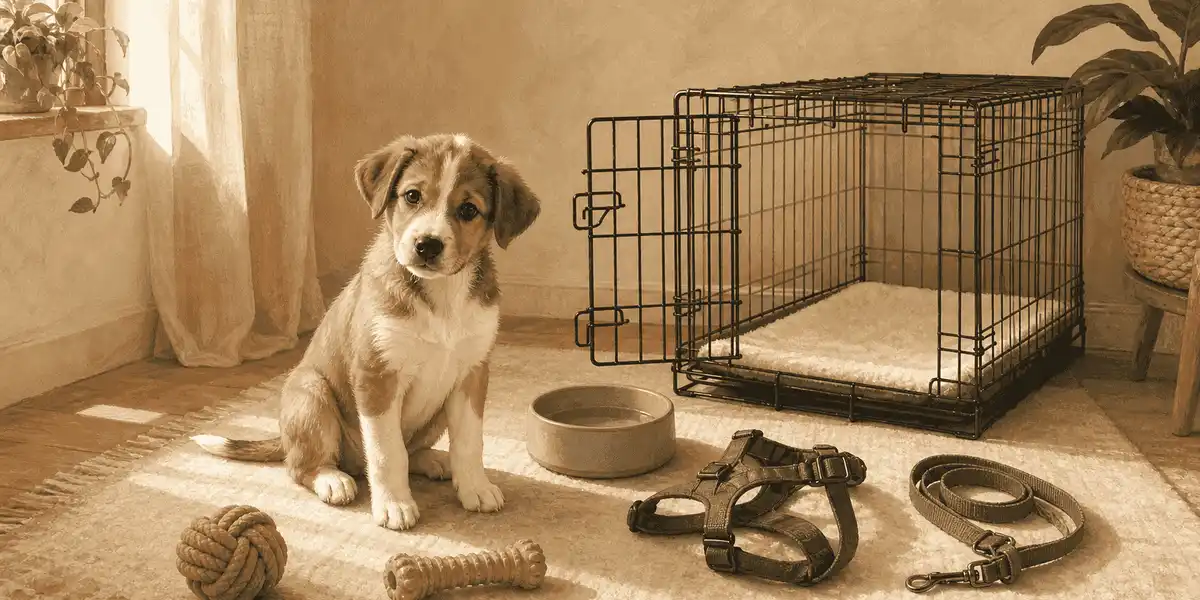 Young brown-and-white puppy beside an open crate, ceramic bowl, harness, leash, and two unbranded toys in a calm home.