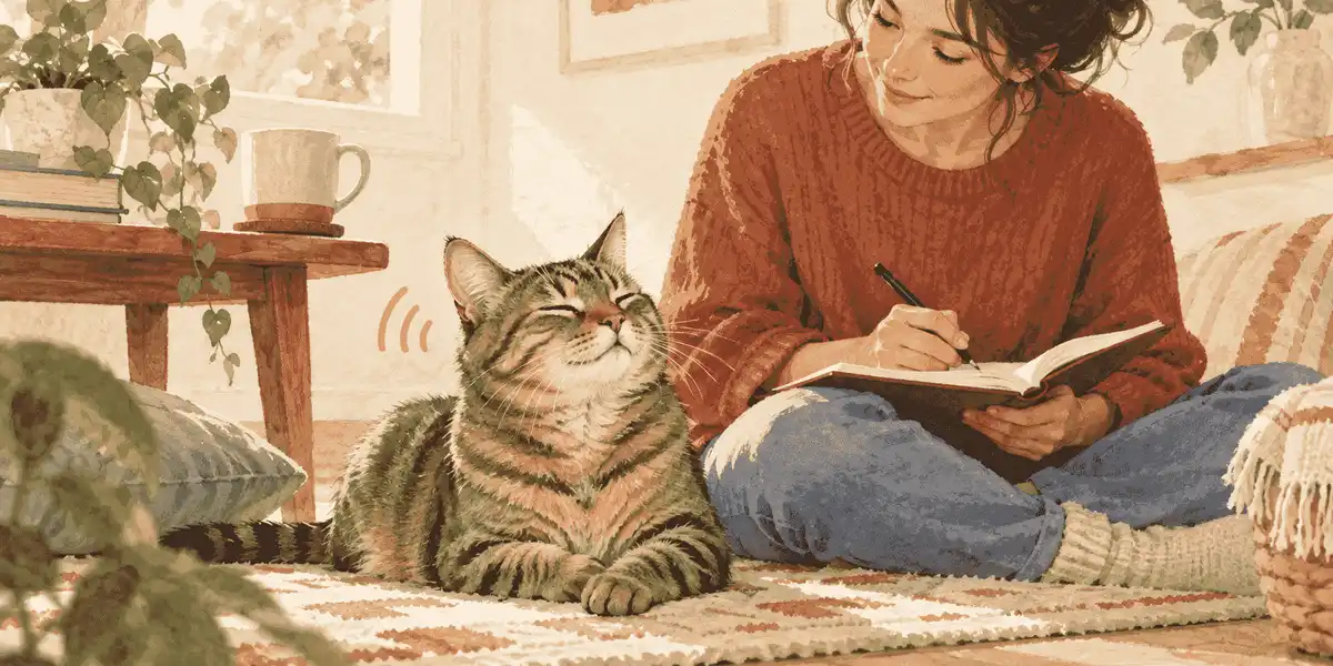 A tabby cat sits calmly beside a caregiver who is listening and writing a short observation note.