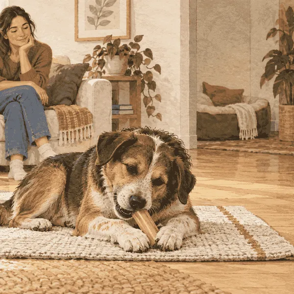 A mixed-breed dog chooses a safe chew on a mat while a caregiver observes a damaged cardboard box nearby.