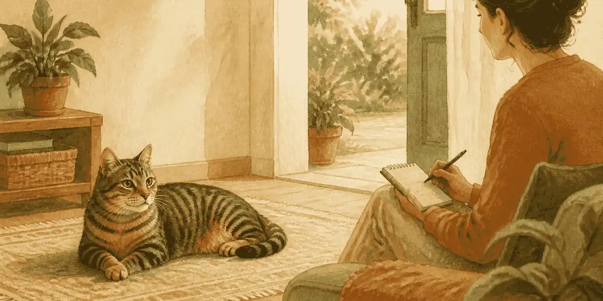 A tabby cat rests in a quiet room while a caregiver observes from a respectful distance.