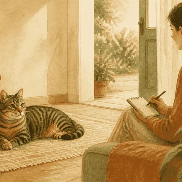 A tabby cat rests in a quiet room while a caregiver observes from a respectful distance.