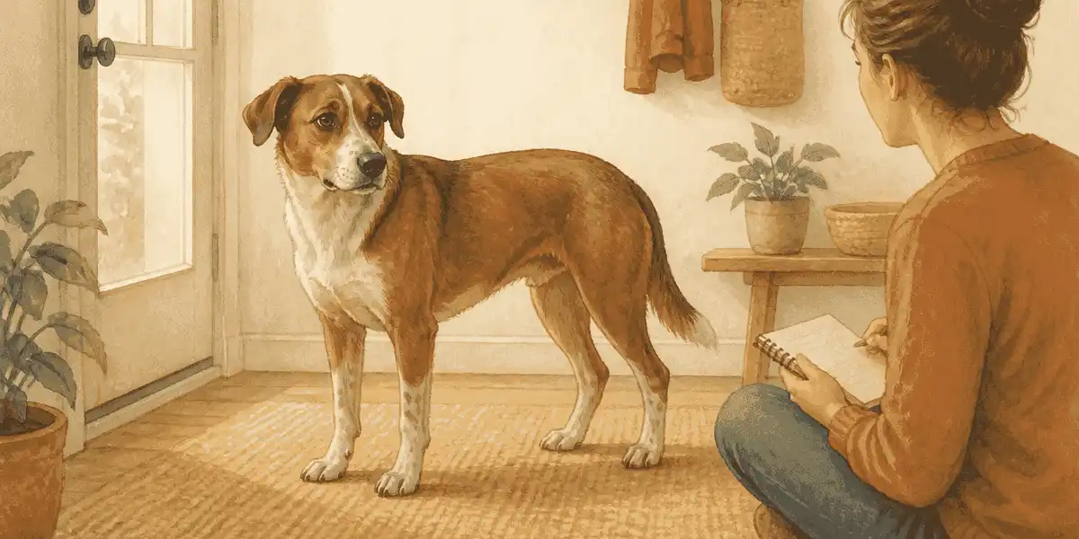 A calm brown-and-white dog stands on a cream mat as a caregiver observes its paws without touching them.