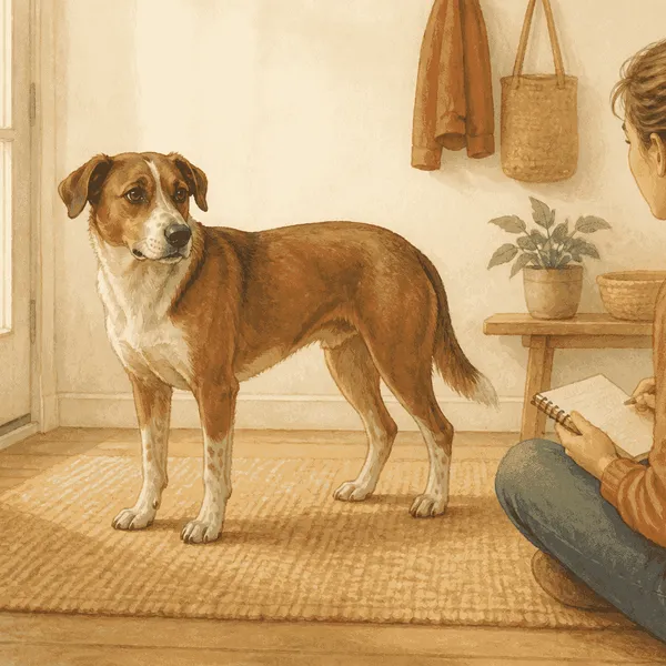 A calm brown-and-white dog stands on a cream mat as a caregiver observes its paws without touching them.